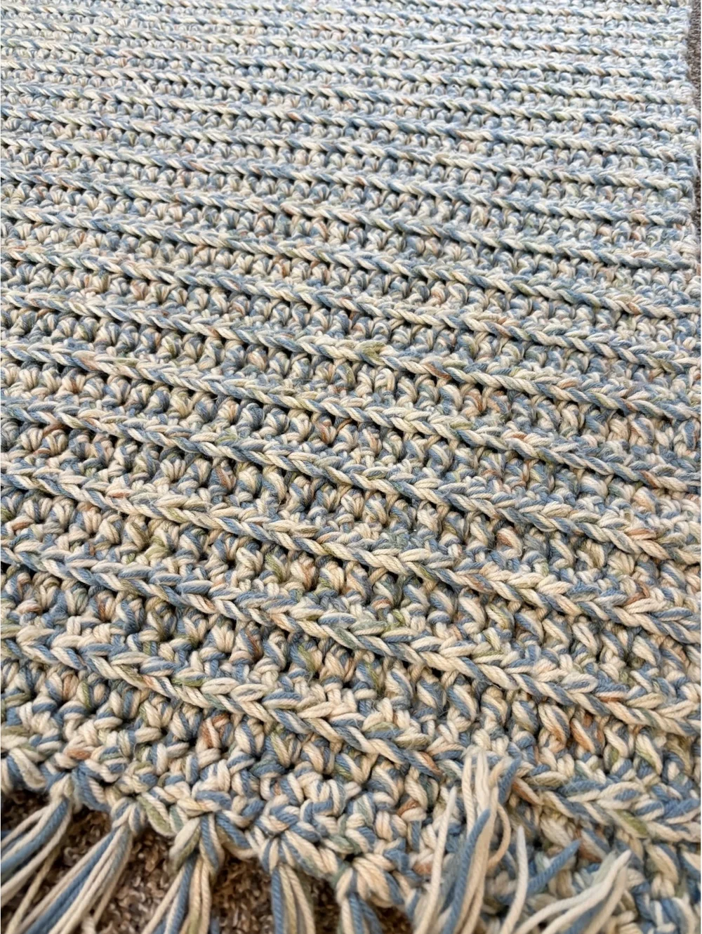 Handmade crochet blanket 84in by 50 in Heavyweight blue, sage, cream